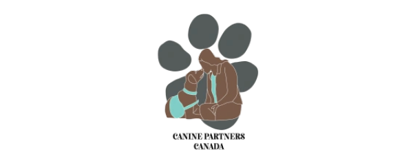 Canine Partners logo - Dog paw with overlay drawing of human with dog