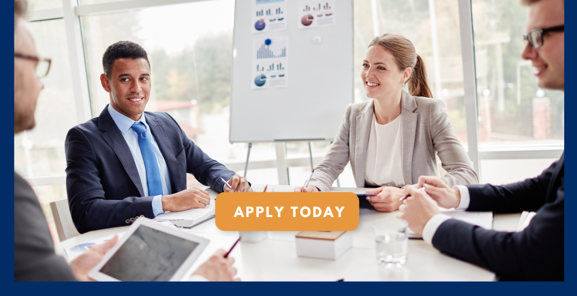 Male and Female professionals around a board room table. Apply Today button